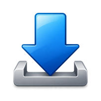 Ein blaues Pfeilsymbol, das nach unten auf einen grauen Balken zeigt, was einen Download darstellt.