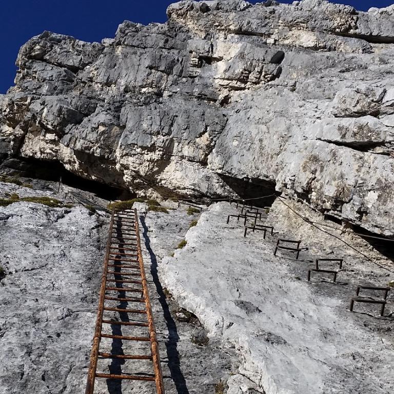 Eine Metallleiter führt entlang einer steilen, geschichteten Felswand an einem Bergpfad.