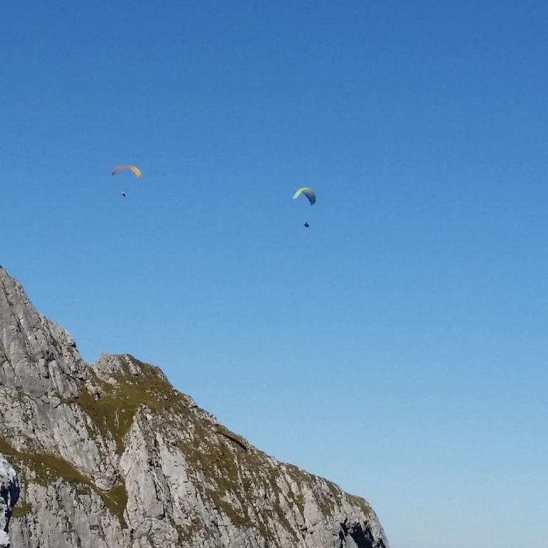 Bergkulisse unter blauem Himmel mit mehreren Gleitschirmfliegern in der Luft.