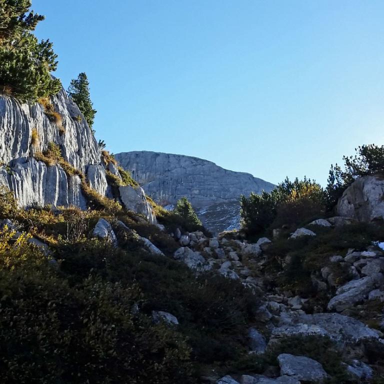 Ein steil abfallender Felshang mit Vegetation trifft auf eine felsige Landschaft vor sanften Bergen unter blauem Himmel.