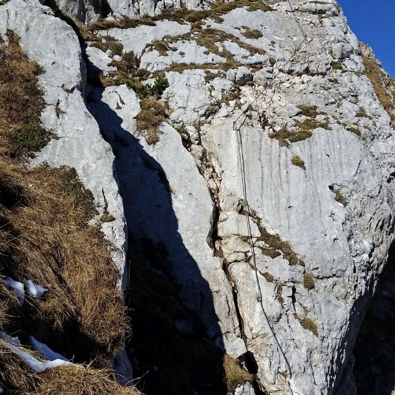 Vertikale, stufenartige Felswand in einem alpinen Gelände, die von Vegetation und einem Seil durchzogen ist.