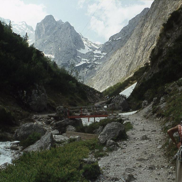 Ein Wanderer steht auf einem Weg, der durch ein steiles, alpines Tal führt, das von hohen Bergen begrenzt wird.