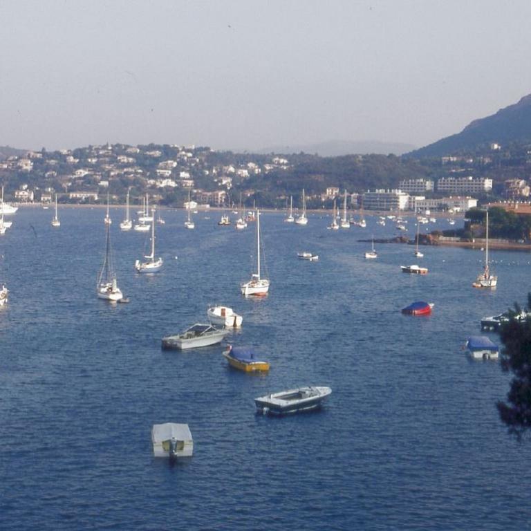 Panoramablick auf eine geschützte Bucht mit vielen Booten und einer Küstenstadt am Fuß eines Berges.